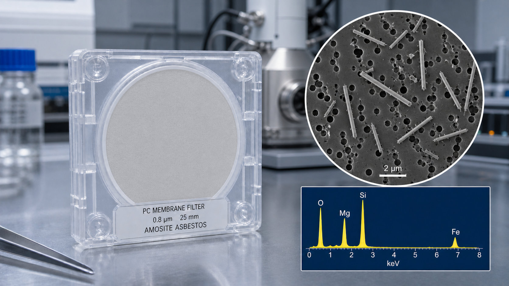 Amianto depositato su filtro in policarbonato con dettaglio SEM di fibre di amosite e spettro EDS