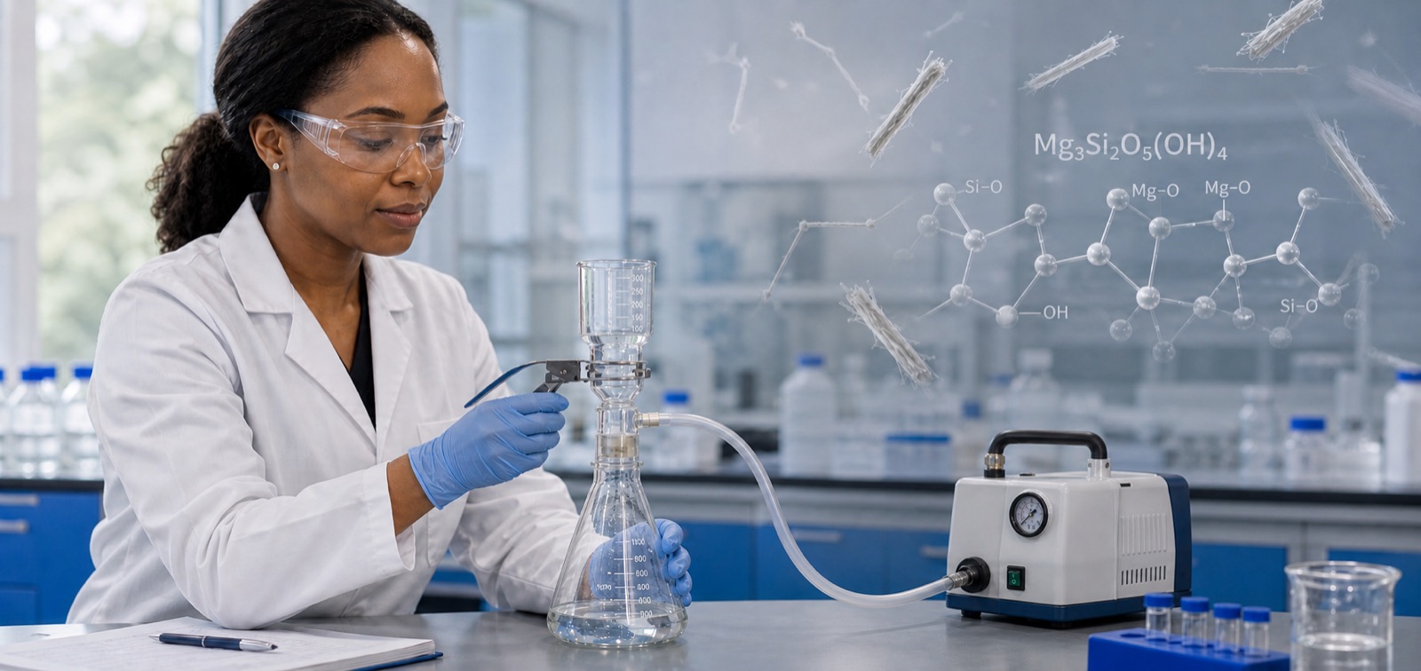 Analista di laboratorio durante la filtrazione sotto vuoto di un campione d’acqua per la ricerca dell’amianto