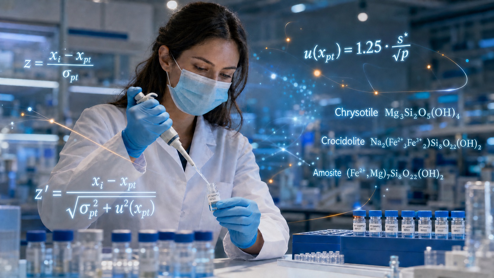 Analista durante la preparazione di campioni PT con formule statistiche e mineralogiche