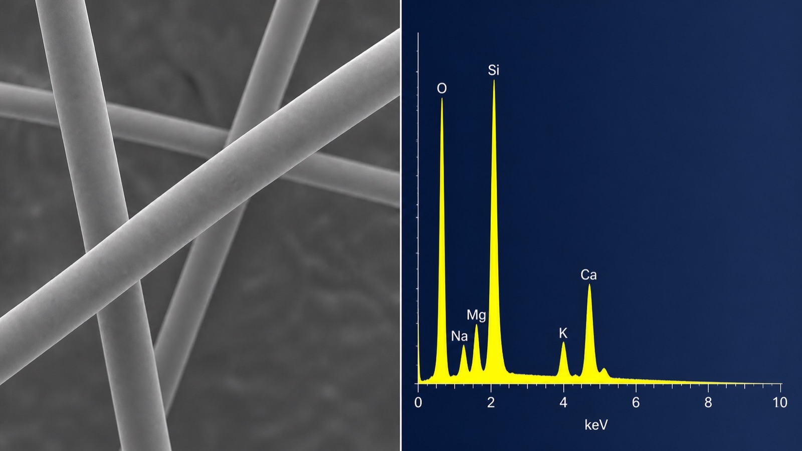 Fibre di vetro osservate al SEM con spettro EDS degli elementi caratteristici