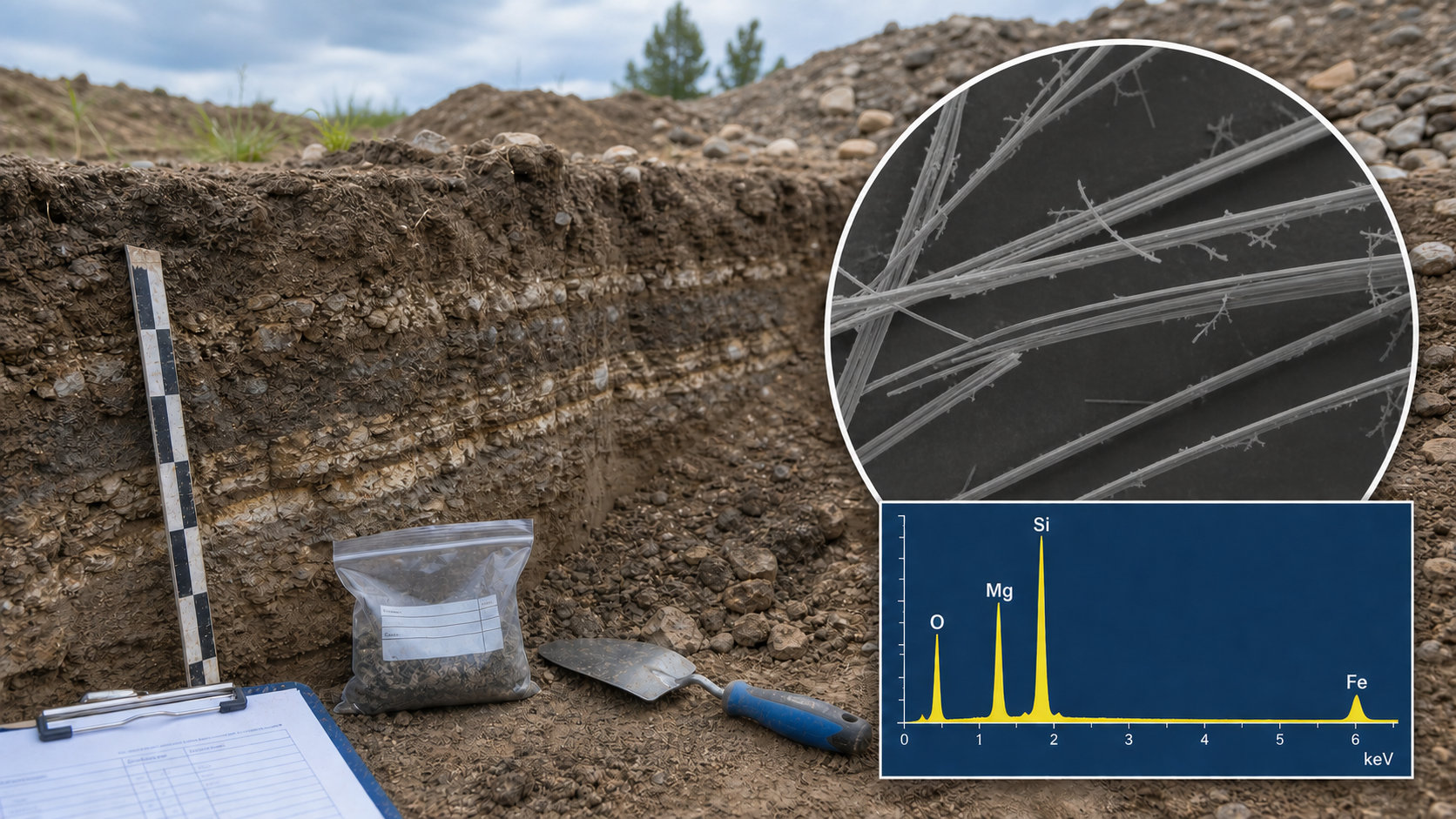 Scavo nel terreno con dettaglio SEM delle fibre di crisotilo e spettro EDS