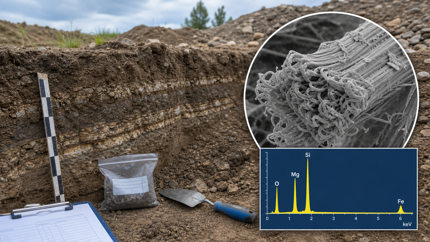 Scavo nel terreno con dettaglio SEM delle fibre di crisotilo e spettro EDS